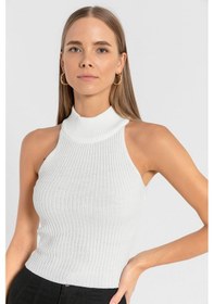 Resim Miss Poem Kadın Kolsuz Slim Fit Boğazlı Fitilli Kısa Antrasit Triko Crop Ekru 