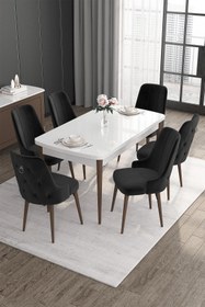 Resim Canisa Noa Serisi 80x132 Açılabilir Mdf Beyaz Masa Ceviz Ayak Masa Takımı 6 Siyah Sandalye 