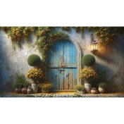 Resim Venspor Rustik Mavi Kapı ve Çiçeklerle Süslü Bahçe Temalı Arkaplan 200x150cm Fon Duvar Örtüsü 