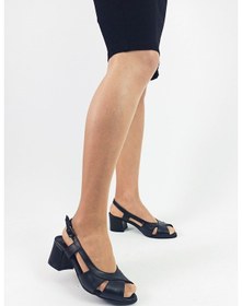 Resim Hakiki Deri Siyah Kalın Topuk Bantlı Kadın Topuklu Sandalet Siyah 