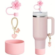 Resim 3 Bardak Aksesuar Seti, Tumblerlar İçin 1 Pembe Kiraz Çiçeği Hasır Üstü, 1 Silikon Bot ve 1 30 ve 40 Oz Tumblerlar ile Tutacakları İçin 1 Harf Kolye. 