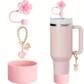 Resim 3 Bardak Aksesuar Seti, Tumblerlar İçin 1 Pembe Kiraz Çiçeği Hasır Üstü, 1 Silikon Bot ve 1 30 ve 40 Oz Tumblerlar ile Tutacakları İçin 1 Harf Kolye. 