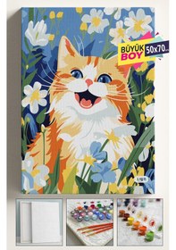 Resim Sayılarla Boyama Seti Numaralı Tuval Fırça Boya Dahil Kasnaklı Set 50x70 Cm - Gülümseyen Kedi 