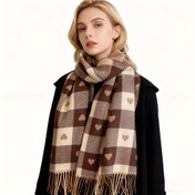 Resim Polyester Eşarp| Rahat Çift Taraflı Kalp Izgara Eşarp - Kalın, Sıcak Polyester Şal Püsküllü Kış Zarafeti İçin - Çok Yönlü Bej & Kahverengi Ekose Tasarım, Elde Yıkama/Kuru Temizleme, Esnek Uyumlu Günlük Geziler İçin 