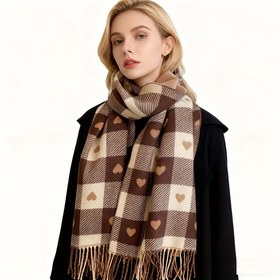 Resim Polyester Eşarp| Rahat Çift Taraflı Kalp Izgara Eşarp - Kalın, Sıcak Polyester Şal Püsküllü Kış Zarafeti İçin - Çok Yönlü Bej & Kahverengi Ekose Tasarım, Elde Yıkama/Kuru Temizleme, Esnek Uyumlu Günlük Geziler İçin 