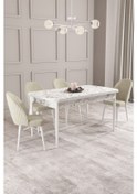 Resim Calvin Beyaz Mermer Desen 80x132 Mdf Açılabilir Mutfak Masası Takımı 4 Adet Sandalye Krem 