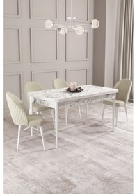 Resim Calvin Beyaz Mermer Desen 80x132 Mdf Açılabilir Mutfak Masası Takımı 4 Adet Sandalye Krem 