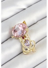 Resim Mey İthalat Pembe Zirkon Taşlı Kap Detaylı Kedi Figürlü Gold Renk Kadın Broş Çok Renkli 