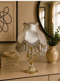 Resim Vizon Kadife Kaplı Başlık Gold Metal Ayak Klasik Model Vintage Abajur 