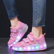 Resim Kızlar ve Erkekler için Trendy Pembe LED Parlayan Spor Ayakkabılar - Nefes Alabilen File Üstü, Çift Tekerlekli Paten, Neon Detaylar, saç tokası ve Döngü Kapanışı, Tüm Mevsimler için Sokak ve Spor Ayakkabıları 