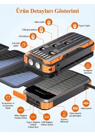 Resim 20000mah Solar Powerbank - Katlanabilir 4 Panel, Darbeye Dayanıklı Kasa Ve Fenerli Kamp Şarj Aleti Siyah Turuncu 