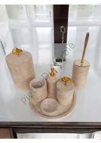 Resim Sarı Traverten Klasik Model 7 Parça Gold Renk Japon Gülü Aksesuarlı Banyo Seti Sarı Traverten 