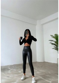 Resim Canstreetwear Yüksek Bel Şardonlu Deri Taytsiyah M Siyah 
