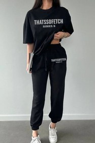 Resim DUBU BUTİK Series 6 T-shirt Eşofman Altı Jogger- Siyah Baskılı Alt Üst Eşofman Takımı Oversize Bisiklet Yaka 