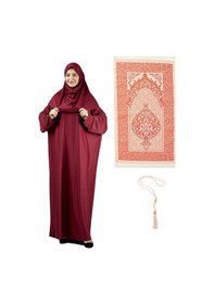 Resim Namaz Elbisesi Eşarp Seccade Tesbih Set, İslami Giyim Takım Ferace Turban Şal Kırmızı 