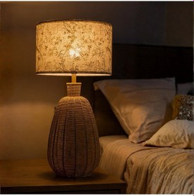 Resim Vanya Bej Gövde Baskılı Krem Başlık Rattan Dekoratif Abajur Bej 