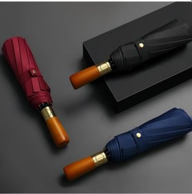 Resim Oldfriend İş Premium Otomatik Açılır Kapanır Ahşap Saplı Kızıl Rüzgara Dayanıklı Şemsiye 