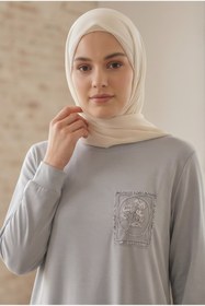 Resim tuvadi Kadın Gri İnce Oyşo Tunik Takım - Tesettür Alt Üst Takım - İşleme Detaylı 