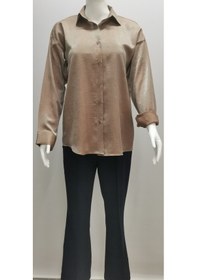 Resim Kadın Uzun Kollu Düğmeli Salaş Parlak Dokuma Kumaş Kahve Rengi Kahverengi 