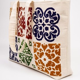 Resim Fabric Craft Bag Kanvas Plaj Çantası Büyük Boy Astarlı Desenli Omuz Çantası Küçük Çantalı 50x35 Krem 