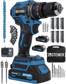 Resim STEİNER 21v Çift Akü Kömürsüz Motor Çelik Mandren Darbeli Akülü Vidalama Şarjlı Matkap (84 Parça Usta Set) 