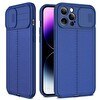Resim Teleplus iPhone 14 Pro Max Lensi Kamera Korumalı Deri Dokulu Silikon Lacivert Kılıf 