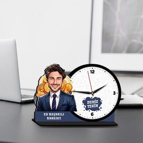 Resim Erkek Bankacı Karikatürlü MDF Masa Saati 