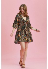 Resim Önden Bağlamalı Yarım Kol Büyük Beden Elbise Desenli Çok Renkli 