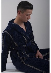 Resim Kapüşonlu Bornoz Bornoz Sabahlık Kadife Bornoz Pamuk Bornoz Lacivert 