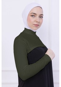 Resim Loggia Balıkçı Yaka Boyunluklu Kolluk Haki Yeşil - Likralı Dik Yakalı Kadın Body Tesettür Crop Bolero Haki 