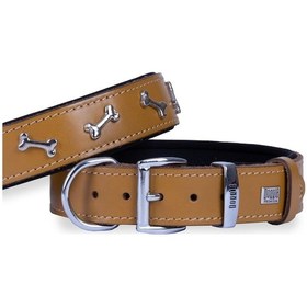 Resim Doggie Konforlu Deri El Yapımı Kemik Süslü Köpek Boyun Tasması 3.5 x 47-55 CM Camel 