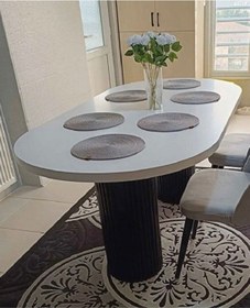 Resim Ada 180x90x75cm 36mm Kalın Kenarlı Oval Beyaz Sütunlu Yemek Masası Sandalye Yok Sadece Masadır Beyaz-siyah 
