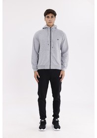 Resim Rowinger Raglan Kol Tam Fermuarlı Kordonlu Kapüşon Kanguru Cepli Süper Koton Rahat Kalıp Kapüşonlu Sweatshirt Grey 