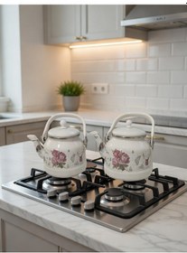 Resim Vintage Gül Desenli Emaye Çaydanlık - Çift Katmanlı Beyaz Retro Çay Demleme Seti Beyaz - Pembe 