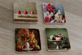 Resim Armut Meyveler ve Çiçekler Doğal Taş Bardak Altlığı 4'lü set - Natural Stone Coasters 