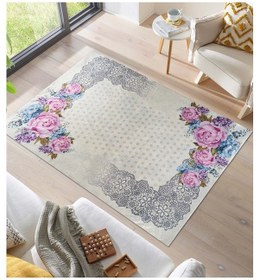 Resim Modern Desenlerde Kadife Dokulu Lastikli Halı Örtüsü Bej Bej 