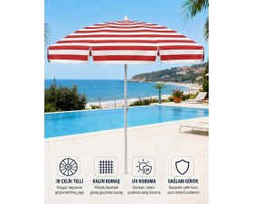Resim Durul Plaj Şemsiyesi Balkon Bahçe Güneş Şemsiyesi 200CM 10 Telli Uv Korumalı - Kırmızı Çizgili 