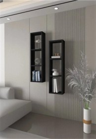 Resim Kitaplık Ikili Çapraz Siyah Duvar Rafı Takım Siyah 