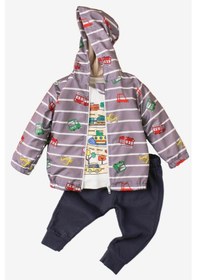 Resim Araba Desenli Kapüşonlu İçi Pamuklu Yağmurluk Bebek Takımı Gri 