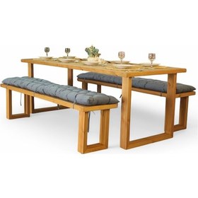 Resim Neiwel Loen Doğal Ahşap Banklı Yemek Masası Takımı-80-180 Takım Açık Ceviz 