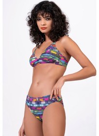 Resim Endeep Kadın Çizgi Desenli Özel Lurex Kumaşlı Toparlayıcı Bikini Takımı Mavi 