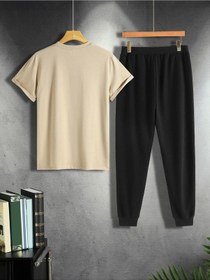 Resim Look Forward Bej T-shirt Siyah Eşofman Alt Jogger Baskı Alt Üst Eşofman Takım Oversize Bisiklet Yak Bej Siyah 