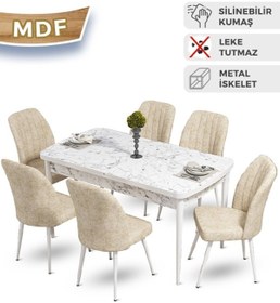 Resim Canisa Mun Serisi, 80x132 Açılabilir Mdf Beyaz Mermer Desen Mutfak Masası Takımı, 6 Gülkurusu Sandalye 