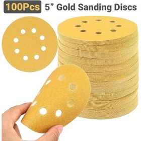 Resim 100 adet 5 inçlik sarı paslanmaz disk - Alüminyum oksit, kuru/yağlı kullanım için ahşap ve metal parlatma, rastgele orbitli elektrikli paslanmaz disk ile uyumlu, ağaç işleme araçları, orta taneli paslanmaz disk, kuru/yağlı paslanmaz disk 