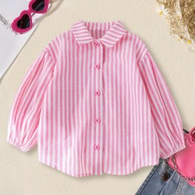 Resim Kız Çocukları için Yazlık Uzun Kollu Çizgili Gömlek - Pembe ve Beyaz Çizgili, Makinede Yıkanabilir Esnek Olmayan Kumaş Bebekler & Küçük Çocuklar İçin 