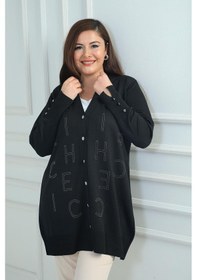 Resim By Saygı Kadın Kolları Düğme Detaylı Taş Harf Baskılı Soğuk İplik Büyük Beden Hırka-41826 Siyah 