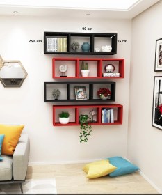 Resim Kitaplık Yatay Duvar Rafı Kırmızısiyah Mobilya 4 Lü Takım Kırmızısiyah 