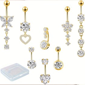 Resim 8 Adet Sallantılı Göbek Düğmesi Halkaları Altın Göbek Düğmesi Piercing Seti Cerrahi Çelik Göbek Piercing Takı Kelebek Kalp Çiçek Pembe Göbek Halkaları Kadınlar İçin Günlük Seksi Giyim Parti Hediyesi Arkadaşa Kutu İle Paketlenmiş 