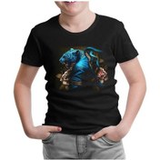 Resim Blue Chinese Tiger With Flowers And Ribbon Siyah Çocuk Tshirt 001 