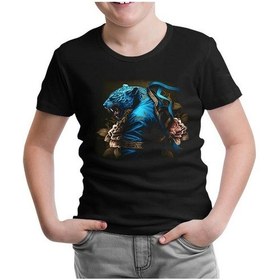 Resim Blue Chinese Tiger With Flowers And Ribbon Siyah Çocuk Tshirt 001 